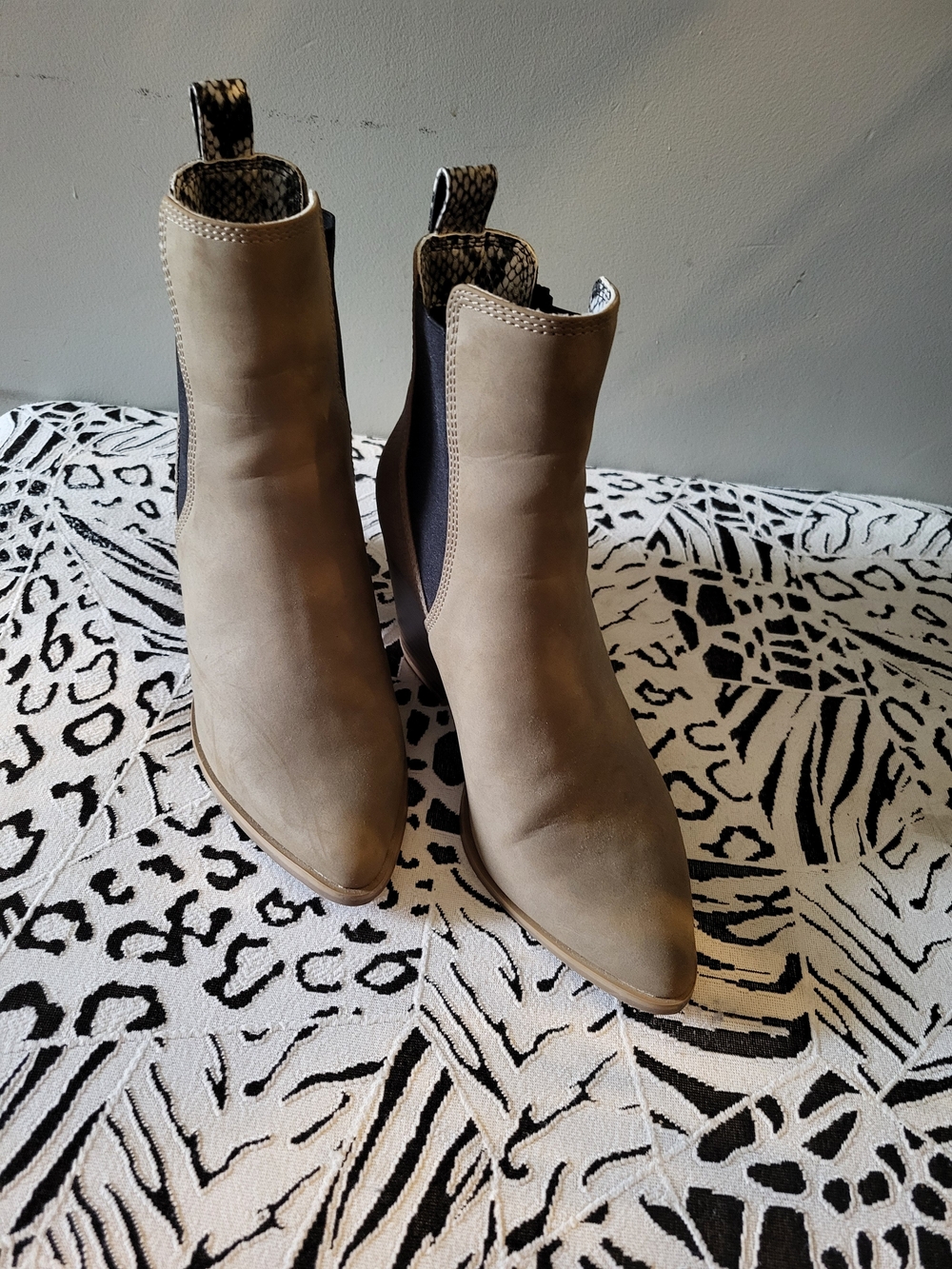 Noize Taupe Pointed Chelsea Booties with Snake-Print Pull Tabs